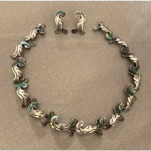 Margot de Taxco Sterling Silver 925 Mexico Necklace and Screw Earring Set 1950's